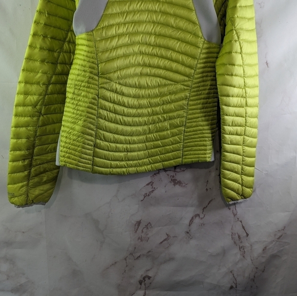 Eddie Bauer Down Puffer Jacket Womens XS Yellow Gray Neon Coat Hood 800 FP - Picture 6 of 13